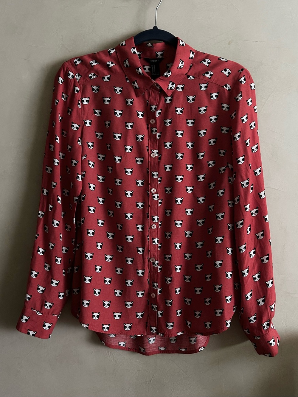 Forever 21 Red Button-Up Shirt with Panda Print